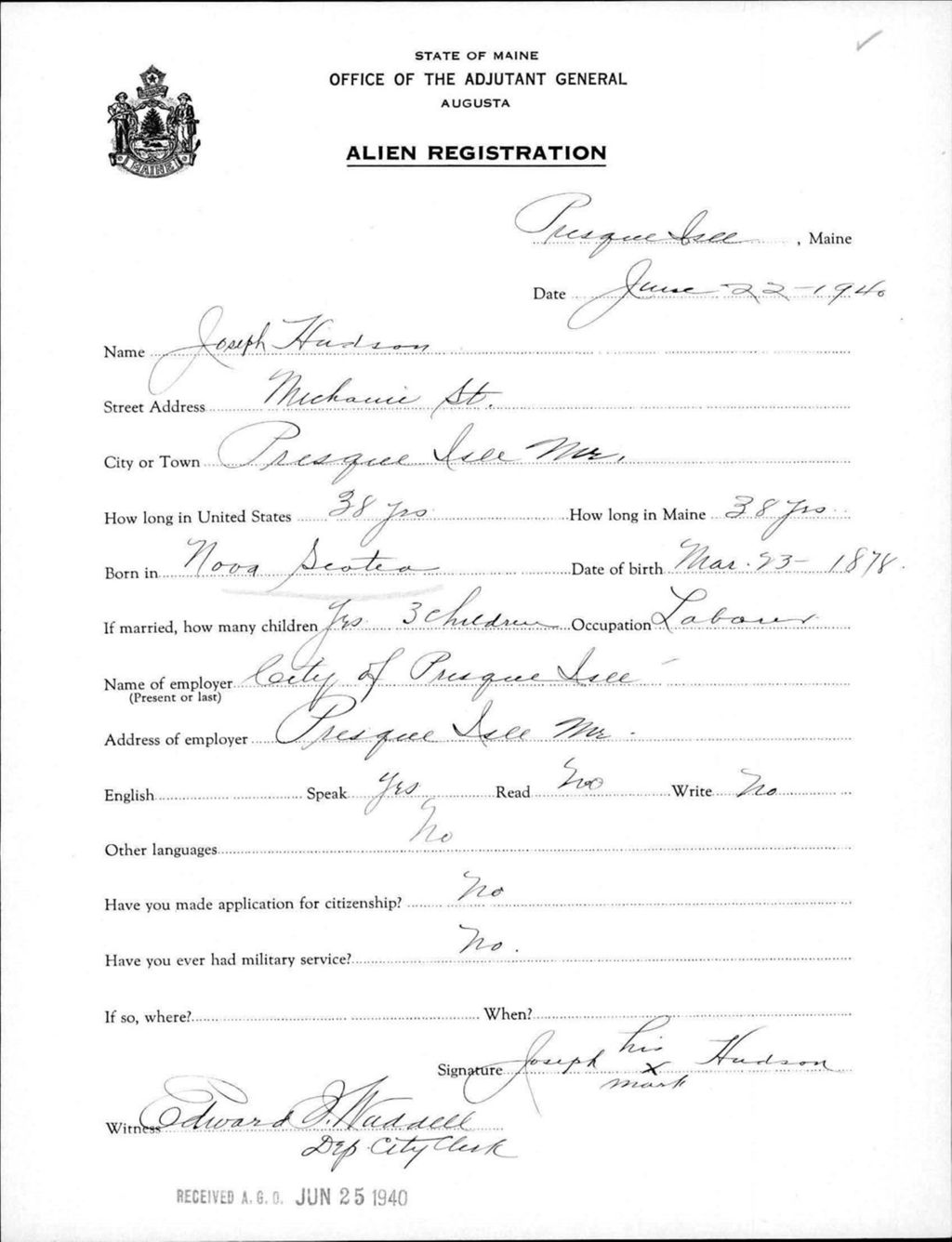 Miniature of Alien Registration- Hudson, Joseph (Presque Isle, Aroostook County)