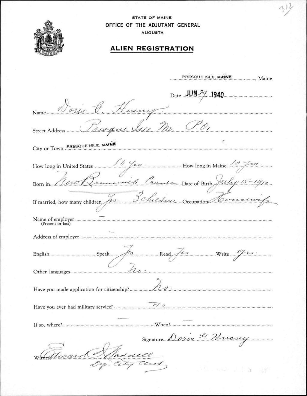 Miniature of Alien Registration- Hussery, Doris G. (Presque Isle, Aroostook County)