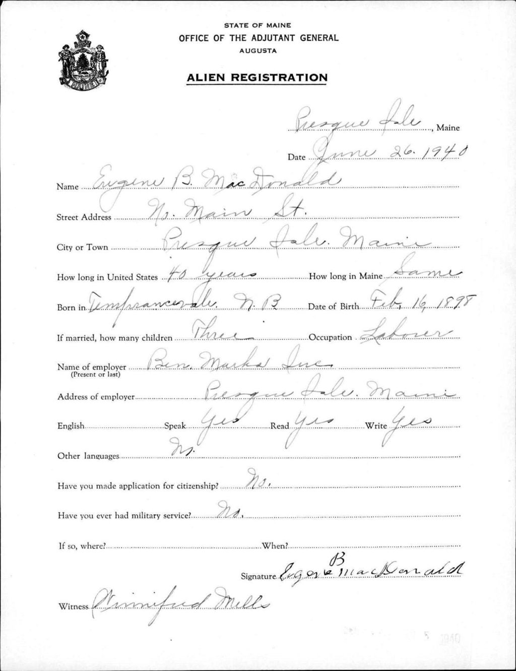 Miniature of Alien Registration- Macdonald, Eugene B. (Presque Isle, Aroostook County)