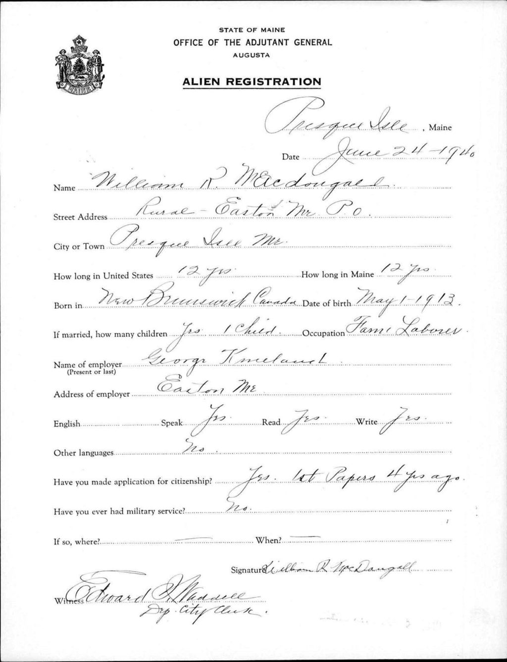 Miniature of Alien Registration- Macdougall, William R. (Presque Isle, Aroostook County)