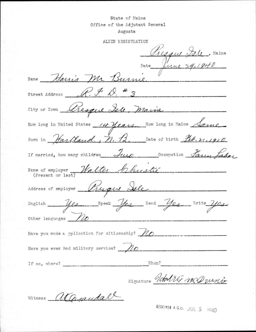 Miniature of Alien Registration- Mcburnie, Harris (Presque Isle, Aroostook County)