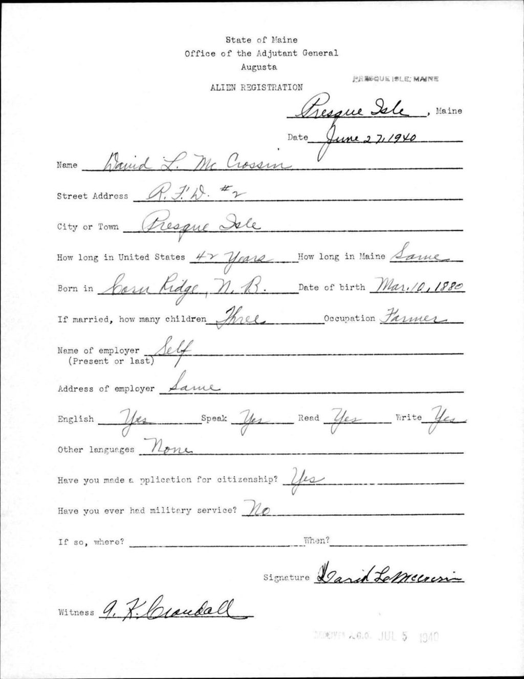 Miniature of Alien Registration- Mccrossin, David L. (Presque Isle, Aroostook County)