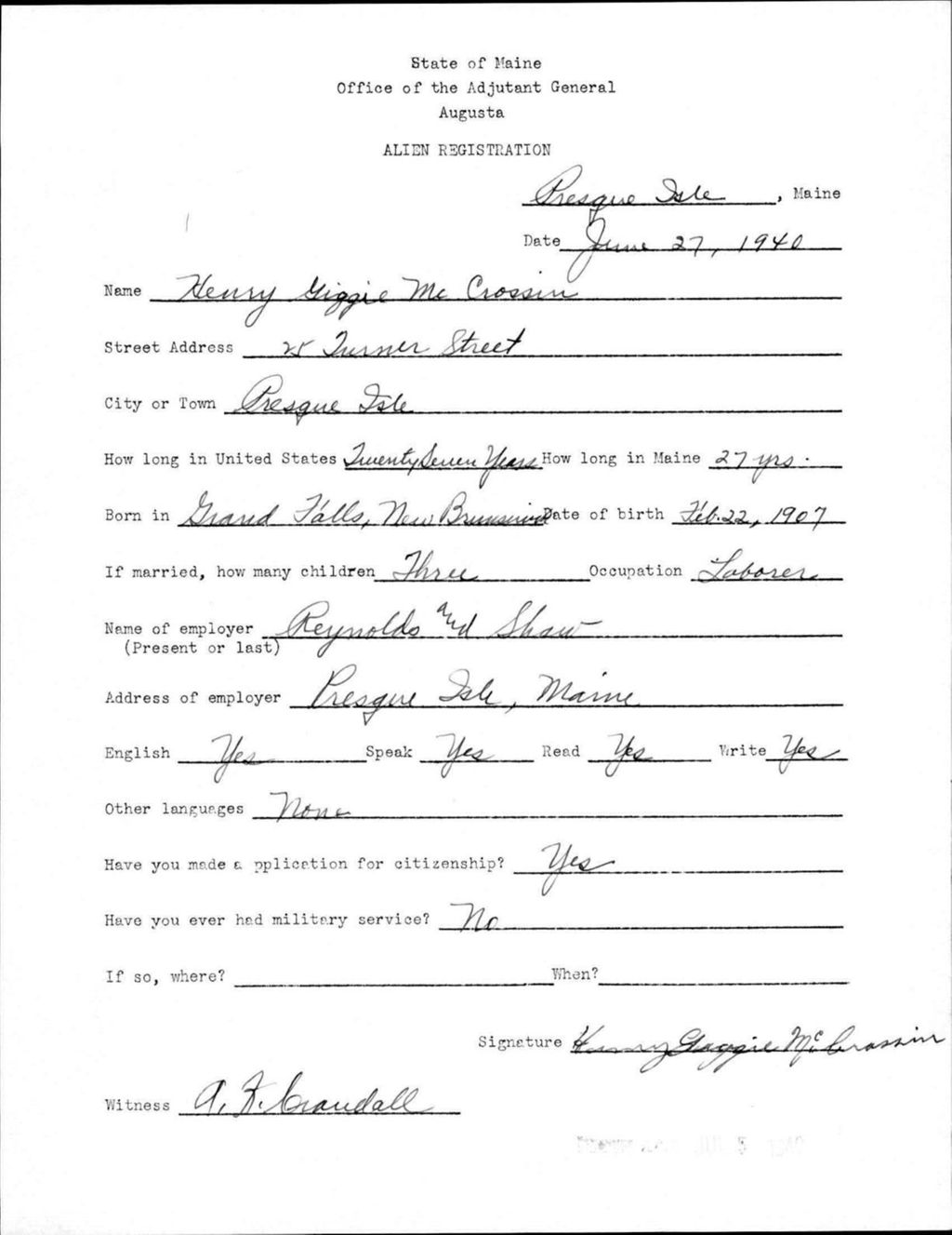 Miniature of Alien Registration- Mccrossin, Henry G. (Presque Isle, Aroostook County)