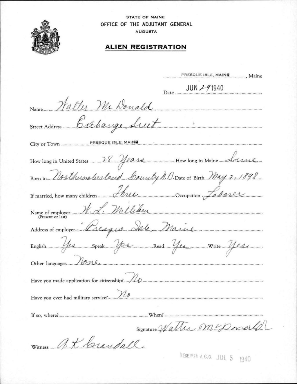 Miniature of Alien Registration- Mcdonald, Walter (Presque Isle, Aroostook County)