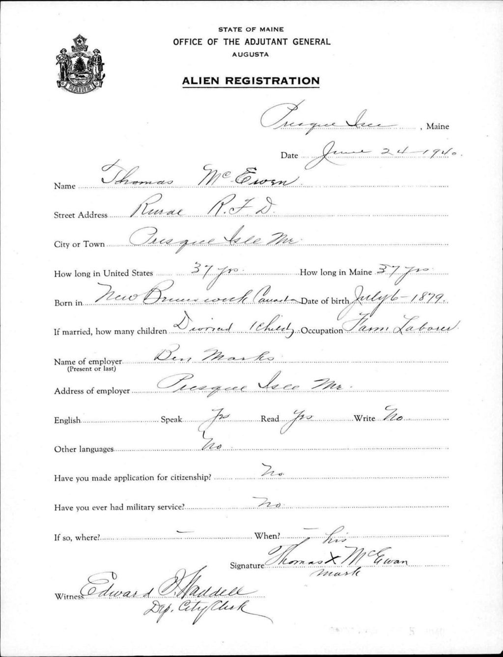 Miniature of Alien Registration- Mcewen, Thomas (Presque Isle, Aroostook County)