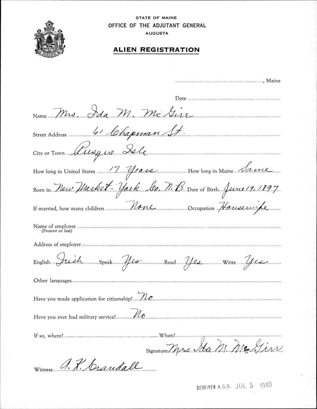Miniature of Alien Registration- Mcgirr, Ida M. (Presque Isle, Aroostook County)