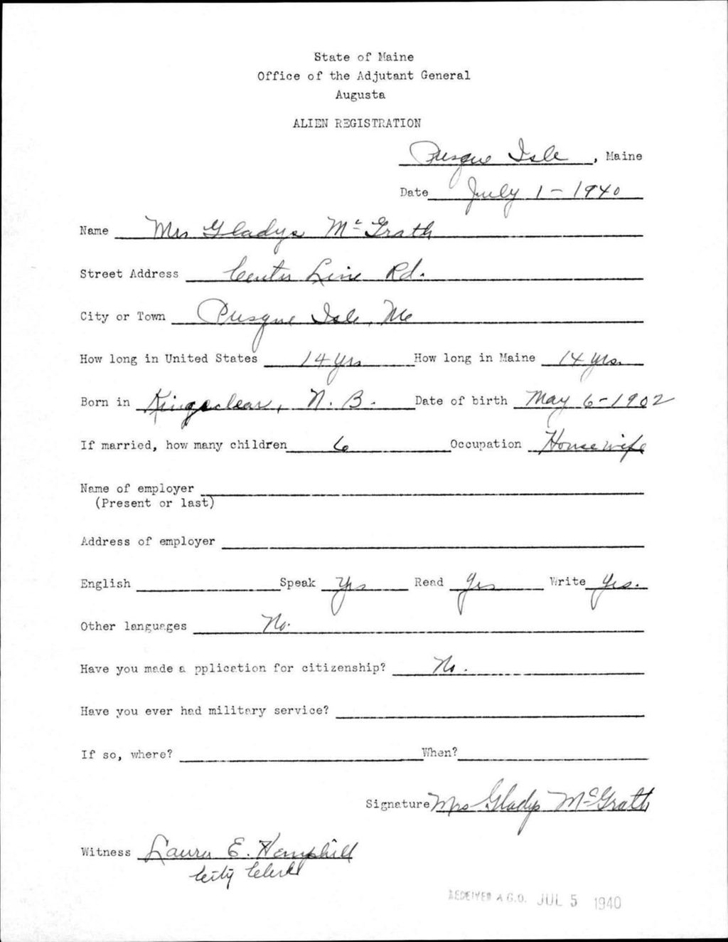 Miniature of Alien Registration- Mcgrath, Gladys (Presque Isle, Aroostook County)