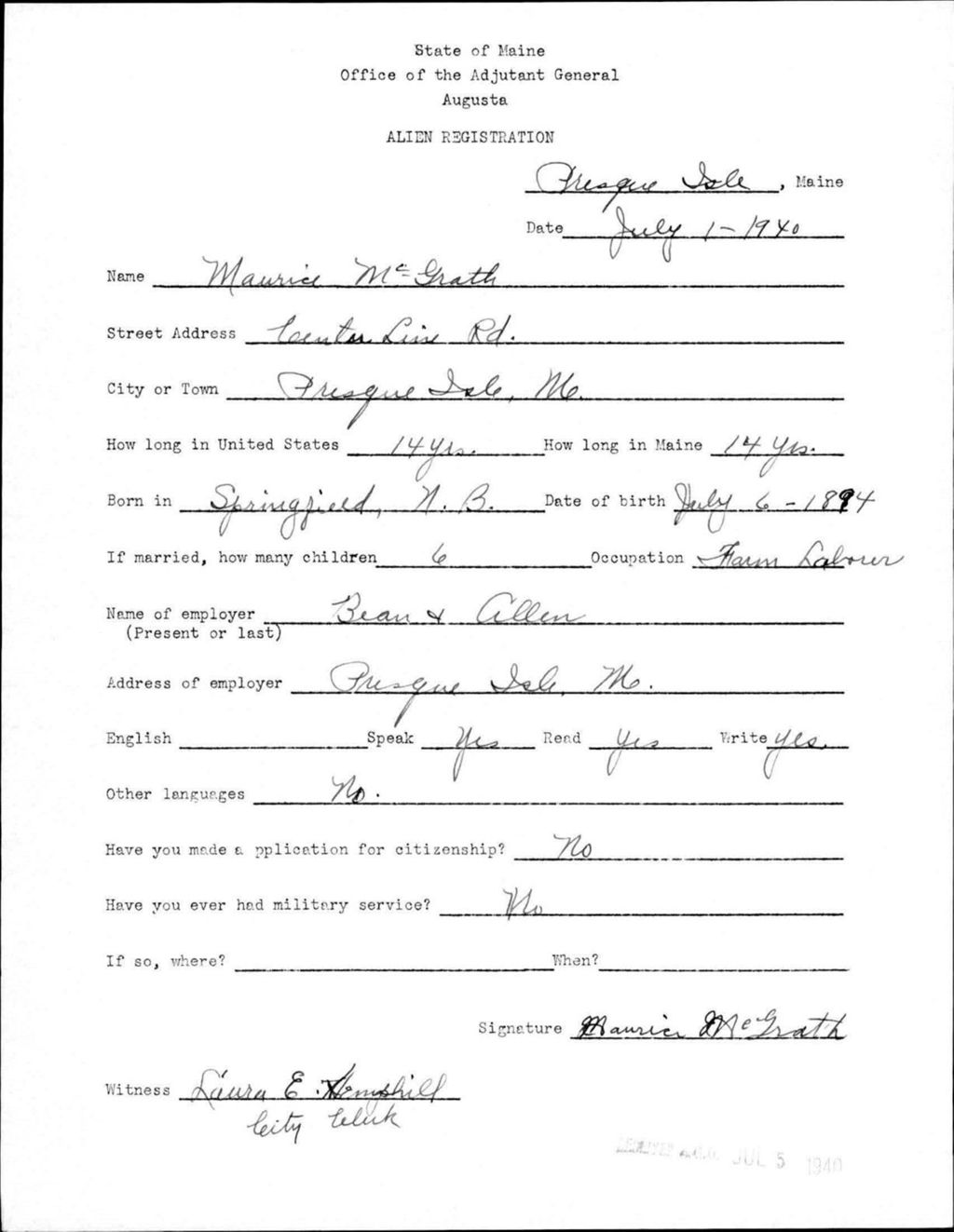 Miniature of Alien Registration- Mcgrath, Maurice (Presque Isle, Aroostook County)