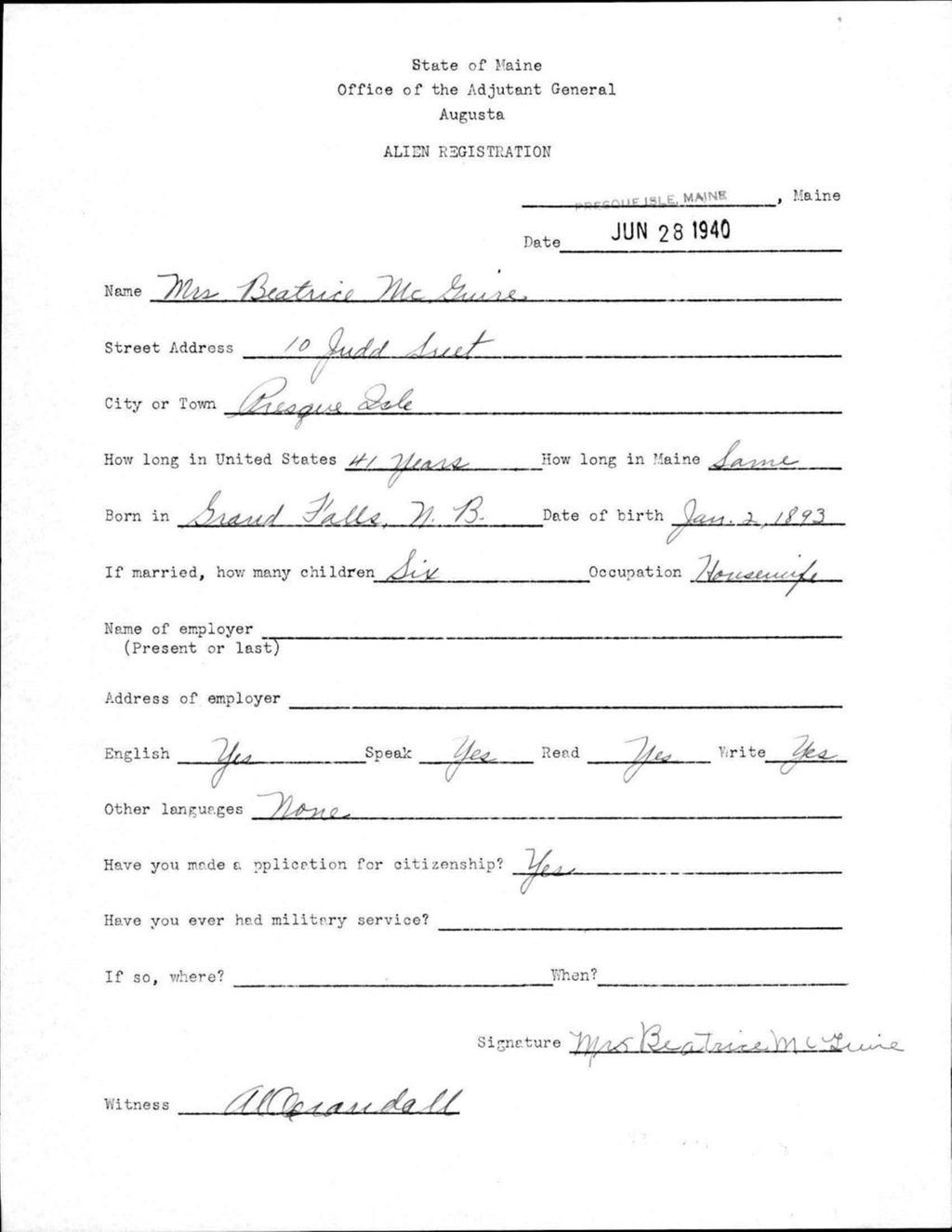 Miniature of Alien Registration- Mcguire, Beatrice (Presque Isle, Aroostook County)