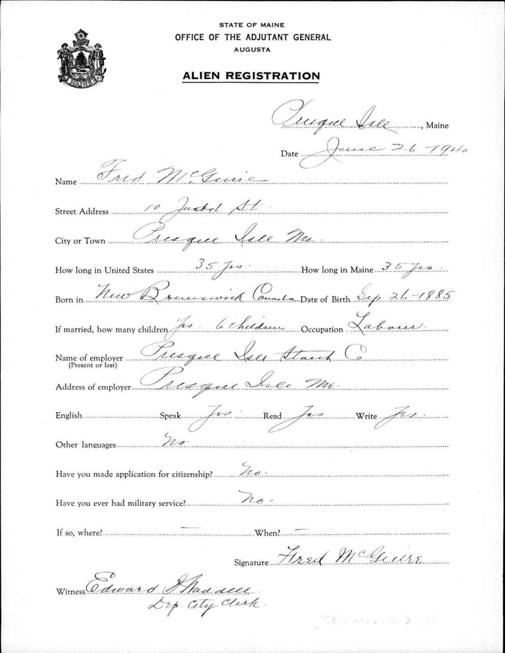 Miniature of Alien Registration- Mcguire, Fred (Presque Isle, Aroostook County)