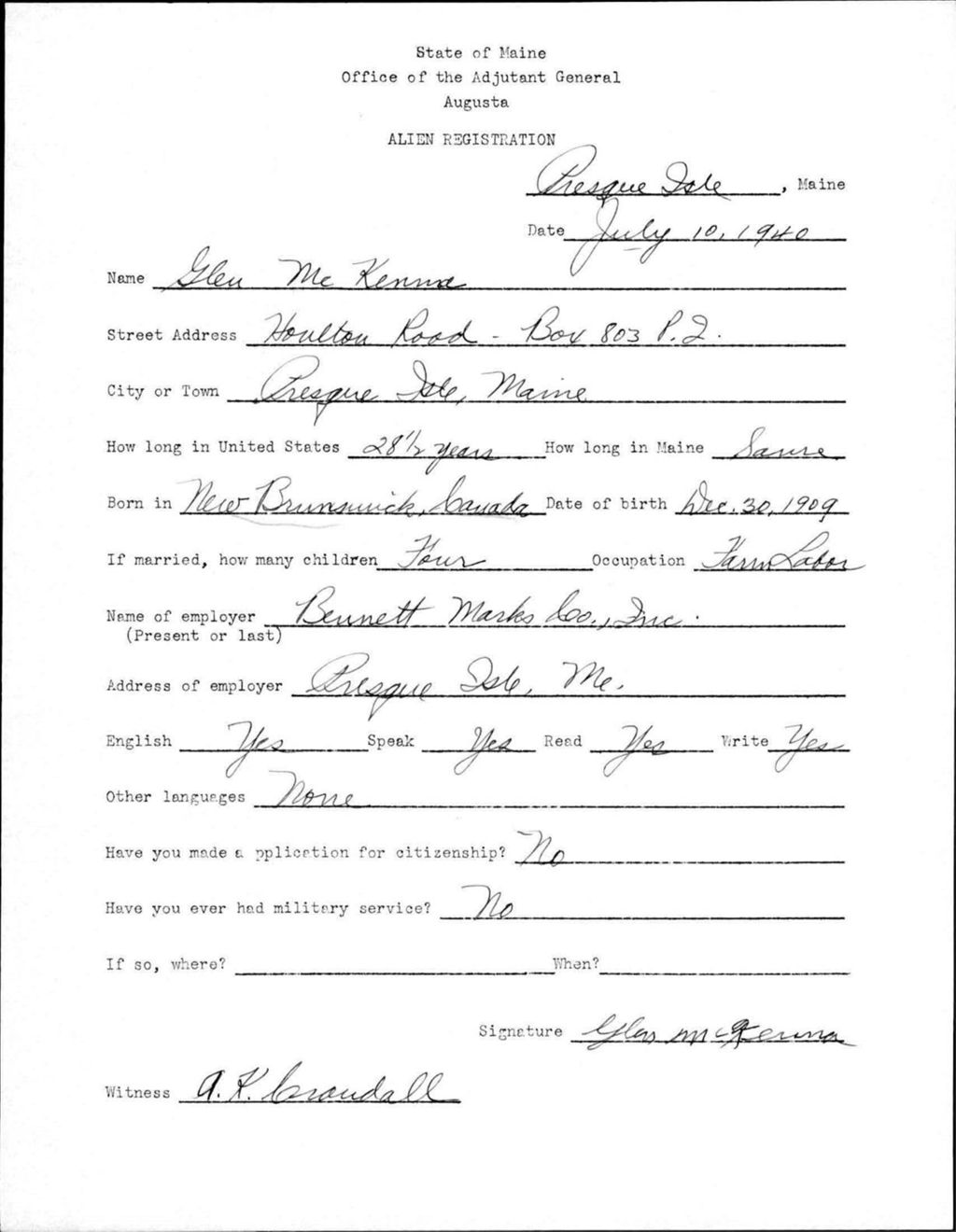 Miniature of Alien Registration- Mckenna, Glen (Presque Isle, Aroostook County)