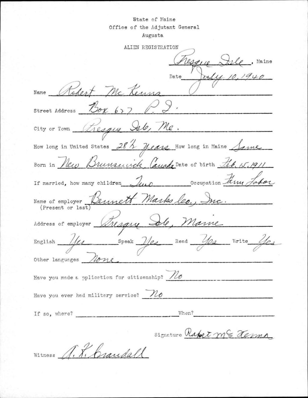 Miniature of Alien Registration- Mckenna, Robert (Presque Isle, Aroostook County)