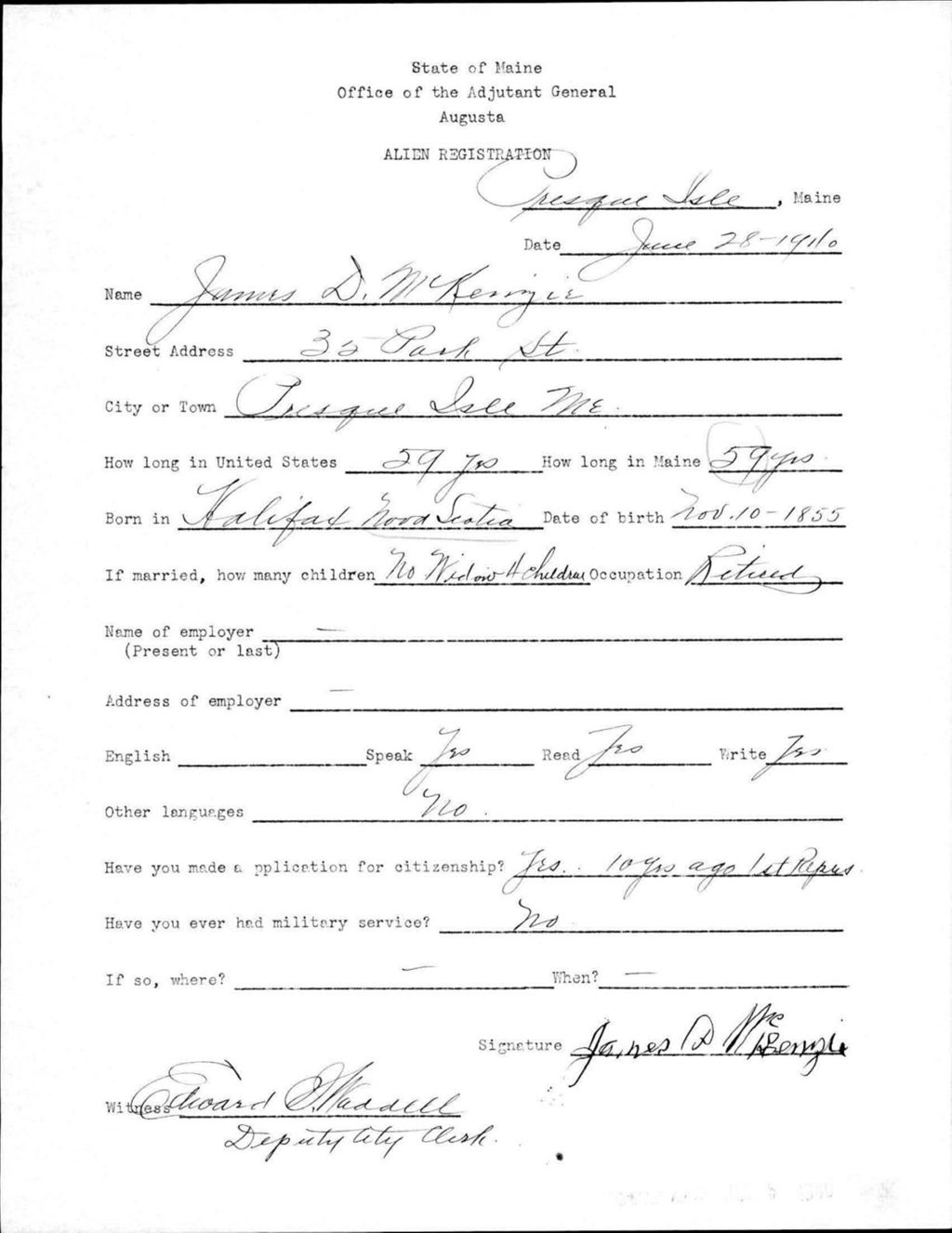 Miniature of Alien Registration- Mckenzie, James D. (Presque Isle, Aroostook County)