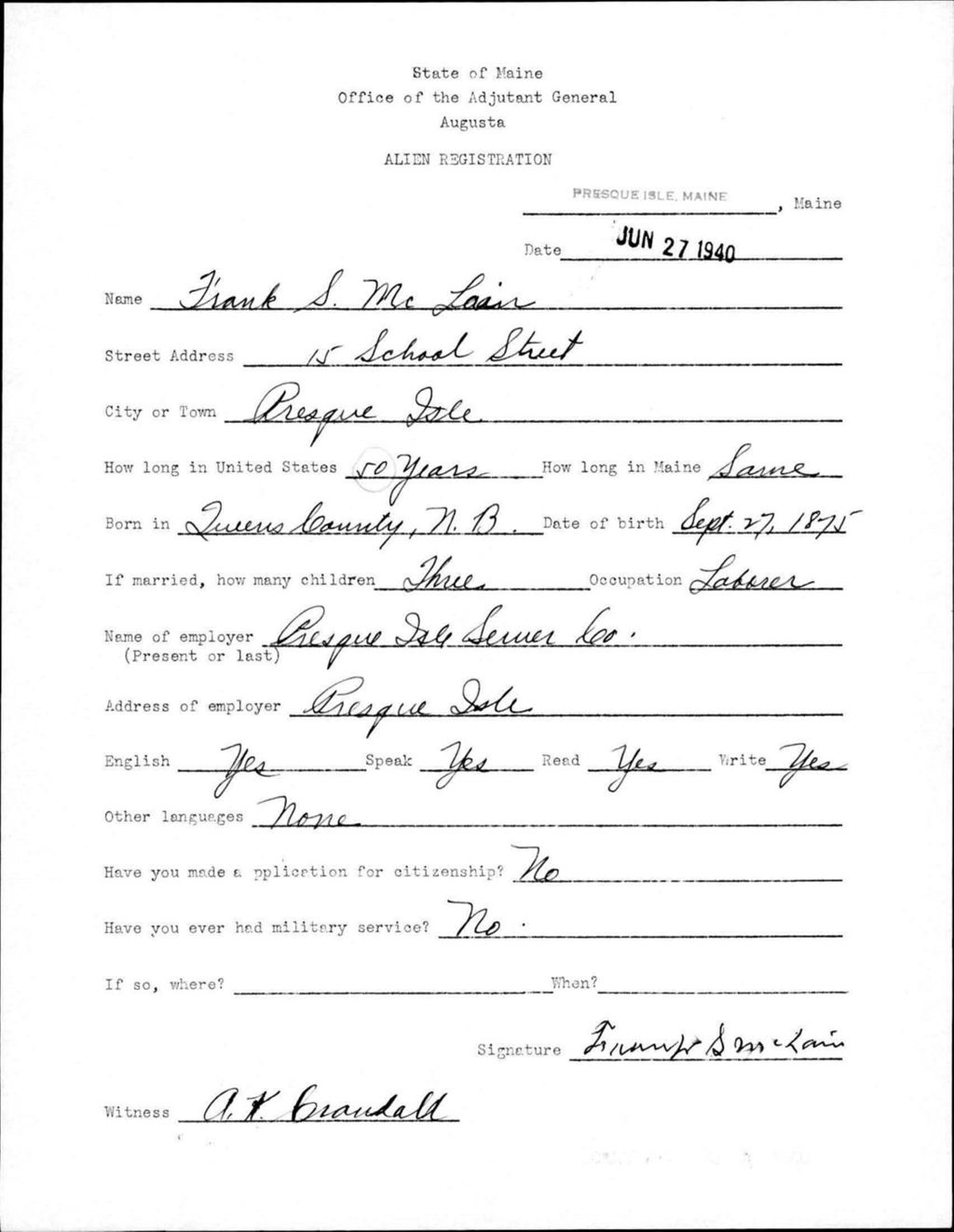 Miniature of Alien Registration- Mclain, Frank S. (Presque Isle, Aroostook County)