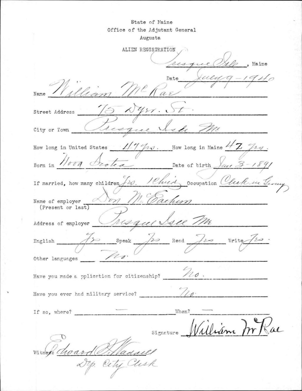 Miniature of Alien Registration- Mcrae, William (Presque Isle, Aroostook County)