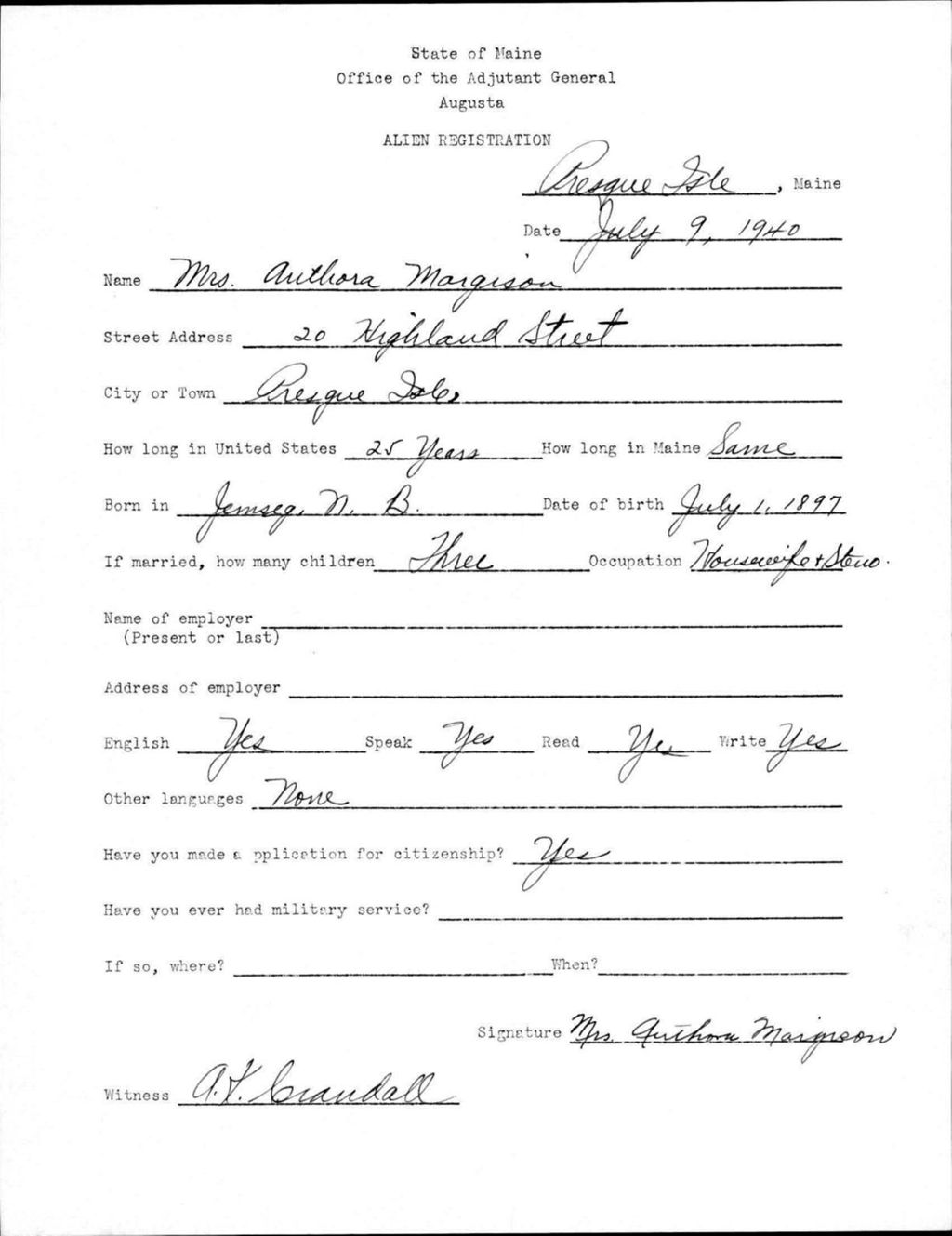 Miniature of Alien Registration- Margison, Authora (Presque Isle, Aroostook County)