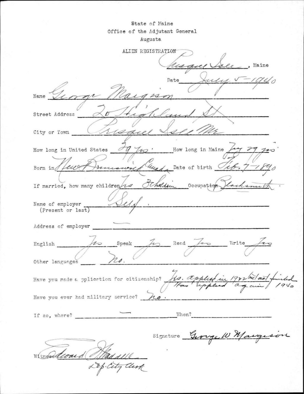 Miniature of Alien Registration- Margison, George (Presque Isle, Aroostook County)