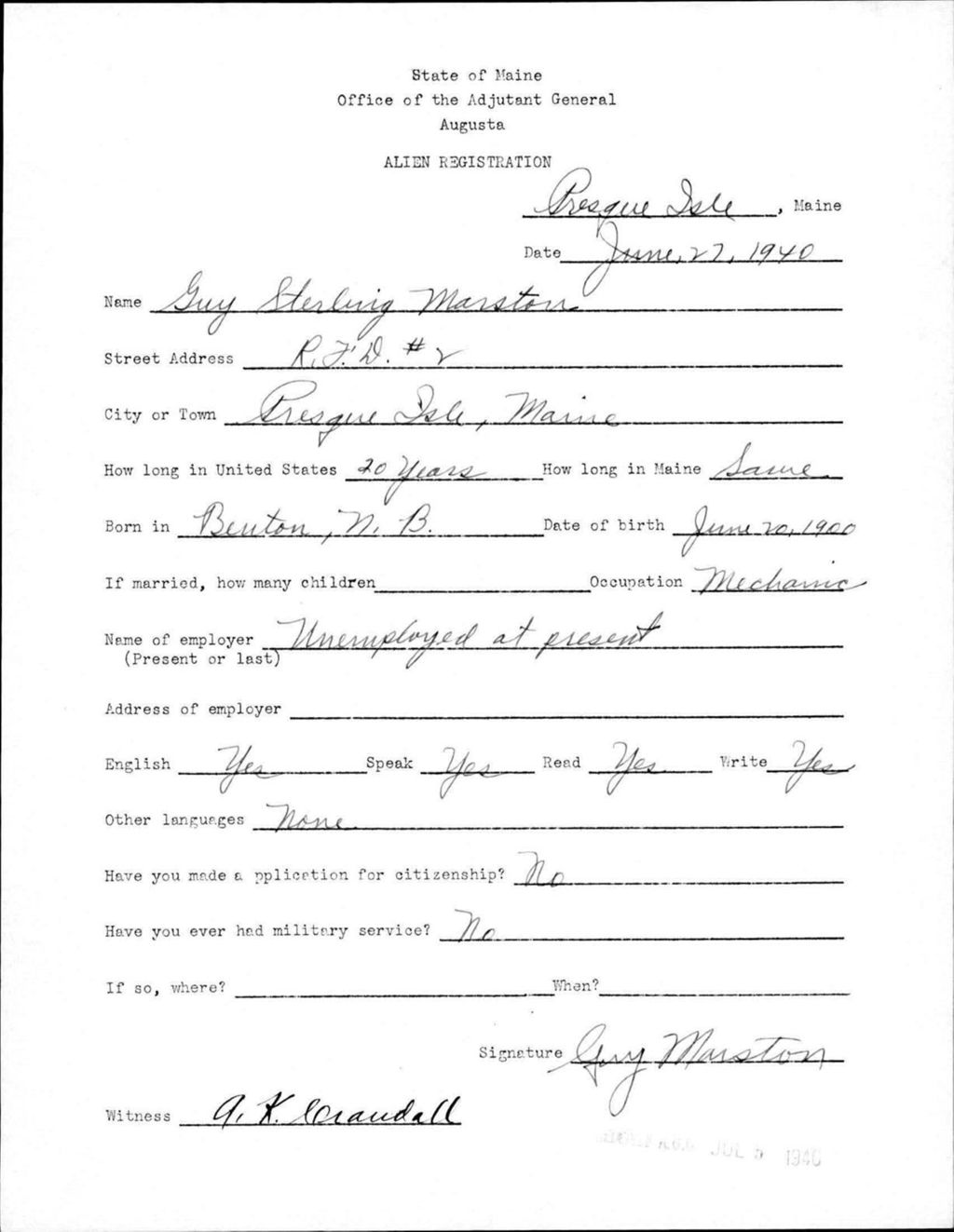 Miniature of Alien Registration- Marston, Guy S. (Presque Isle, Aroostook County)