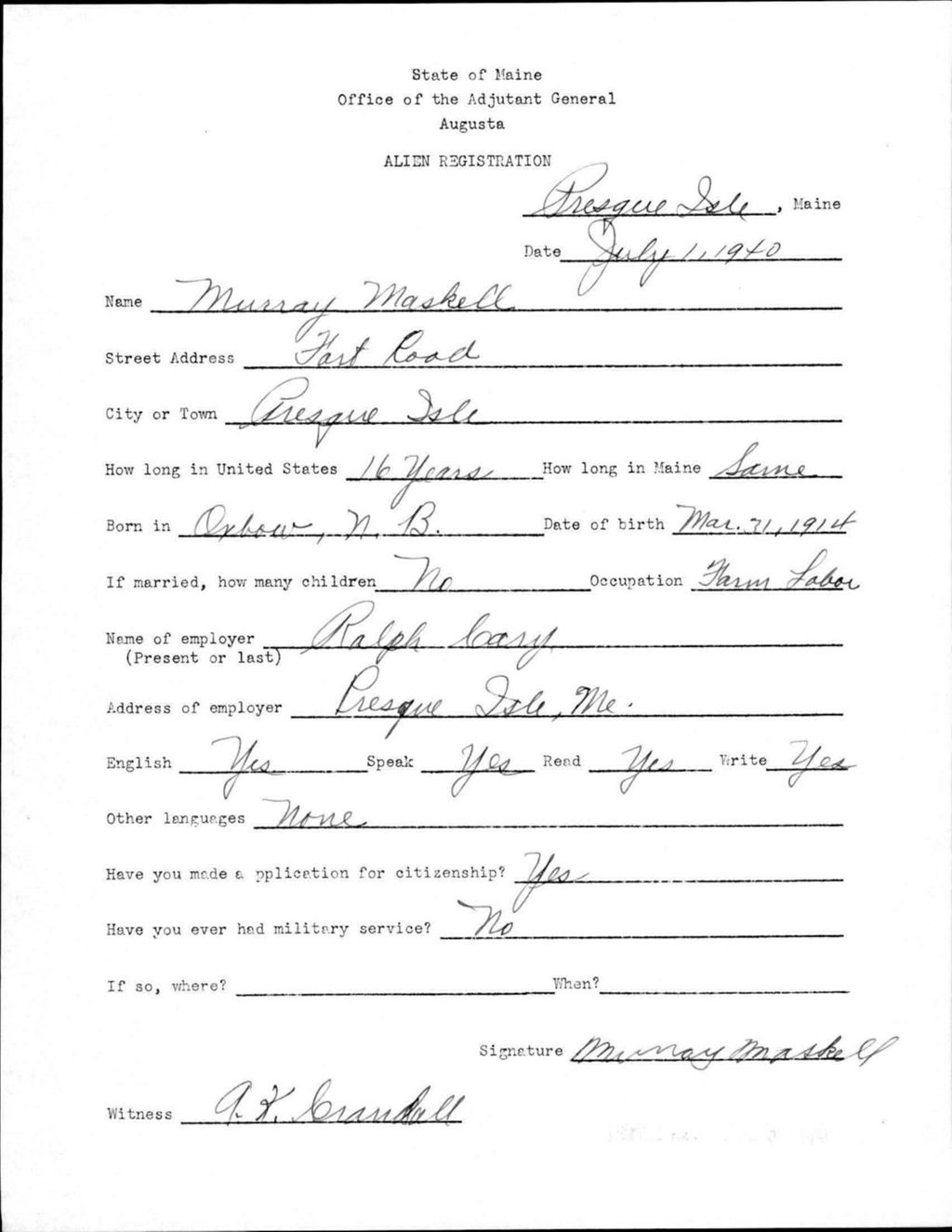 Miniature of Alien Registration- Maskell, Murray (Presque Isle, Aroostook County)