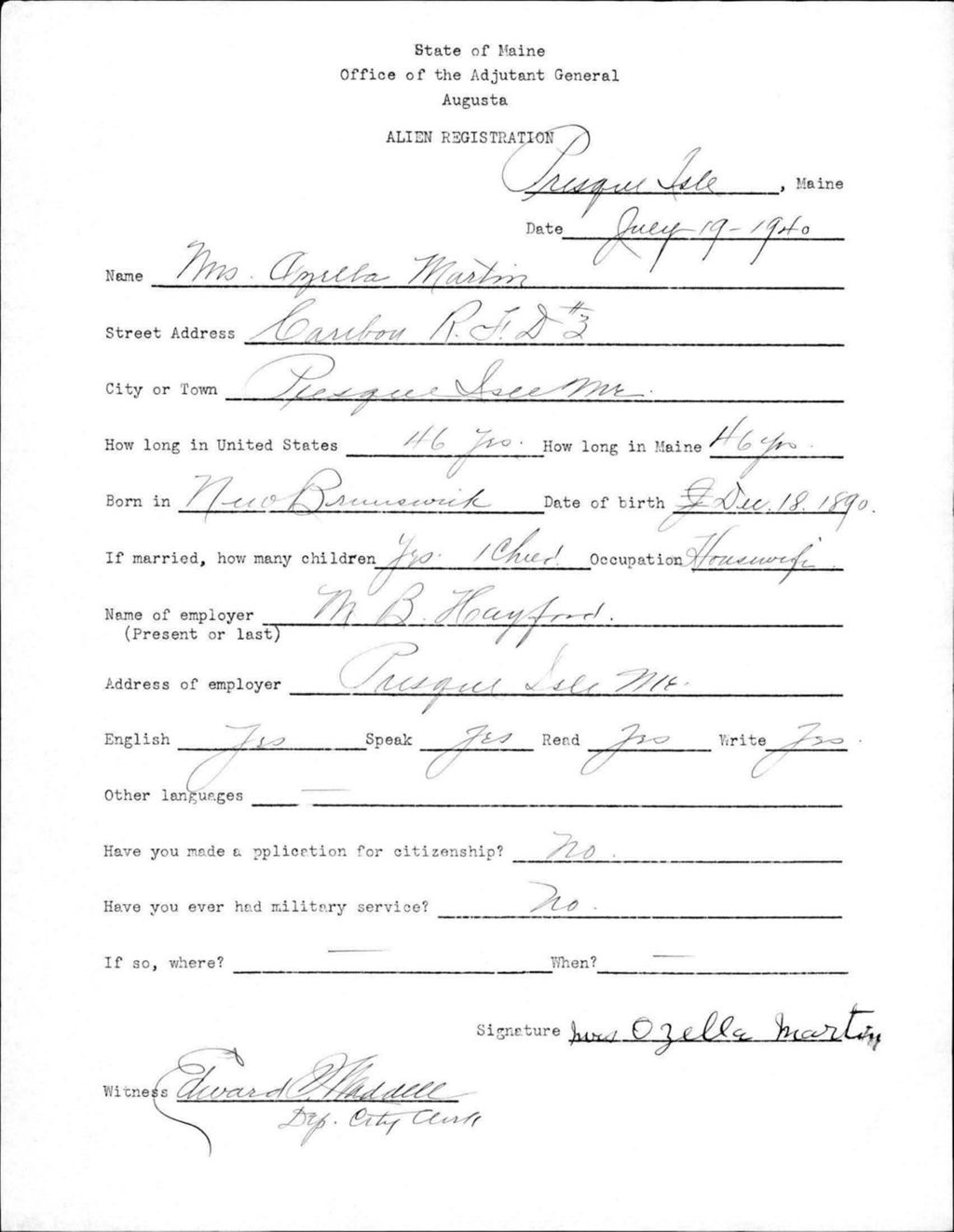 Miniature of Alien Registration- Martin, Ozella (Presque Isle, Aroostook County)