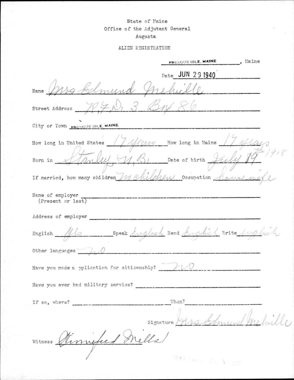 Miniature of Alien Registration- Melville, Edmund (Presque Isle, Aroostook County)