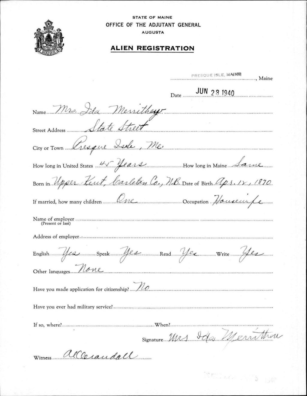 Miniature of Alien Registration- Merrithew, Ida (Presque Isle, Aroostook County)