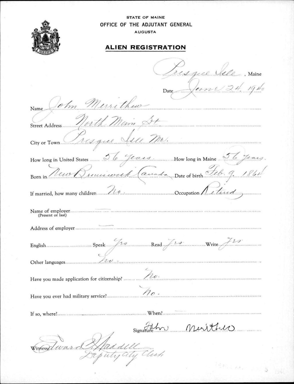 Miniature of Alien Registration- Merrithew, John (Presque Isle, Aroostook County)