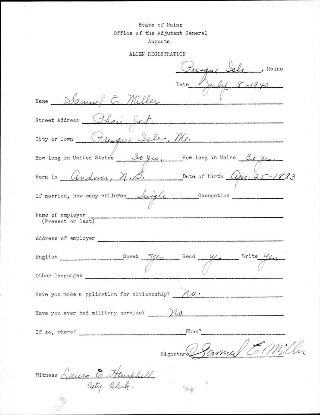 Miniature of Alien Registration- Miller, Samuel E. (Presque Isle, Aroostook County)