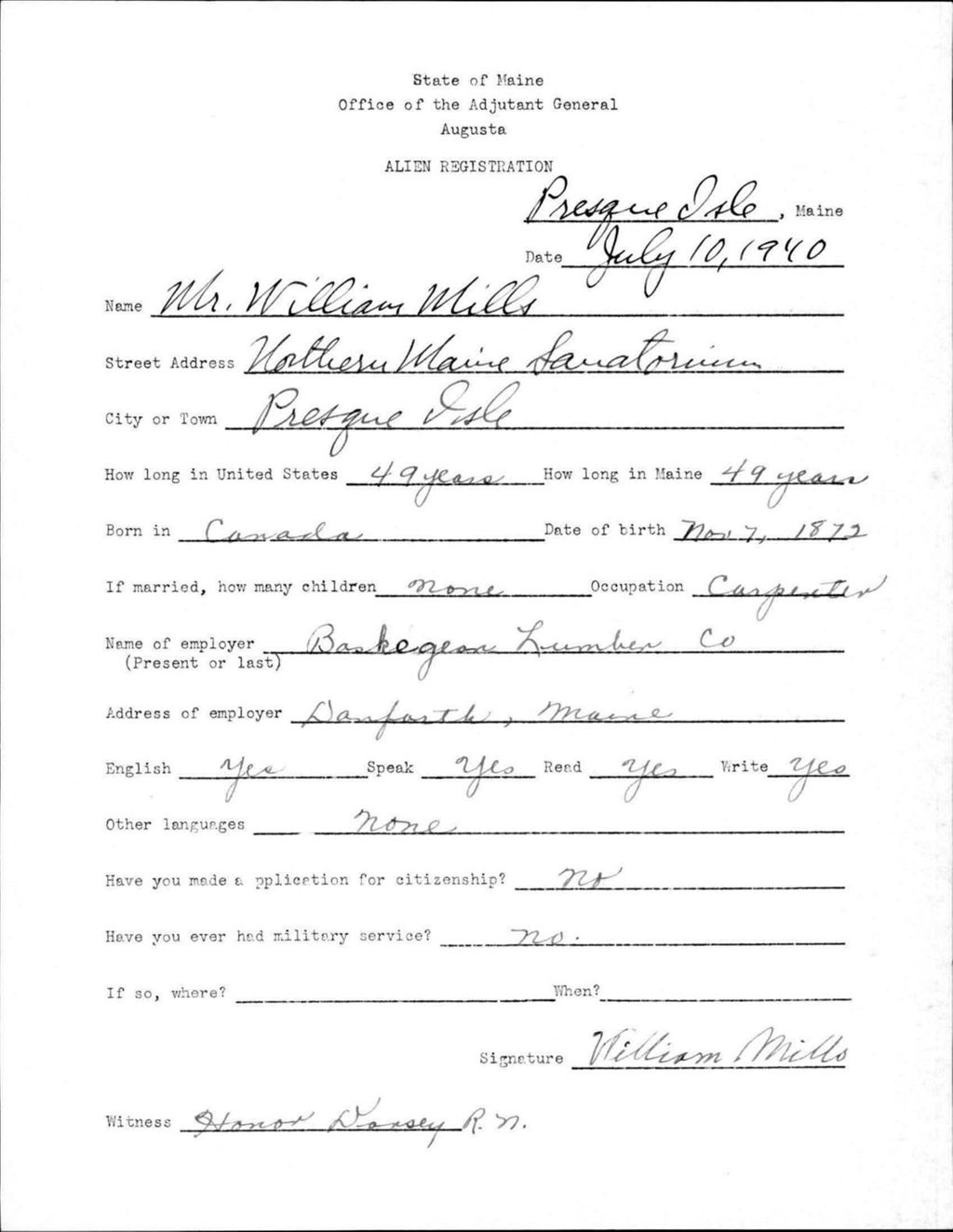 Miniature of Alien Registration- Mills, William (Presque Isle, Aroostook County)