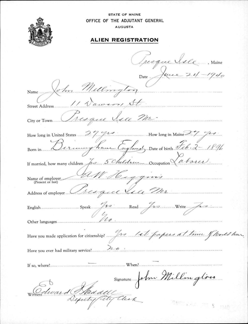 Miniature of Alien Registration- Millington, John (Presque Isle, Aroostook County)