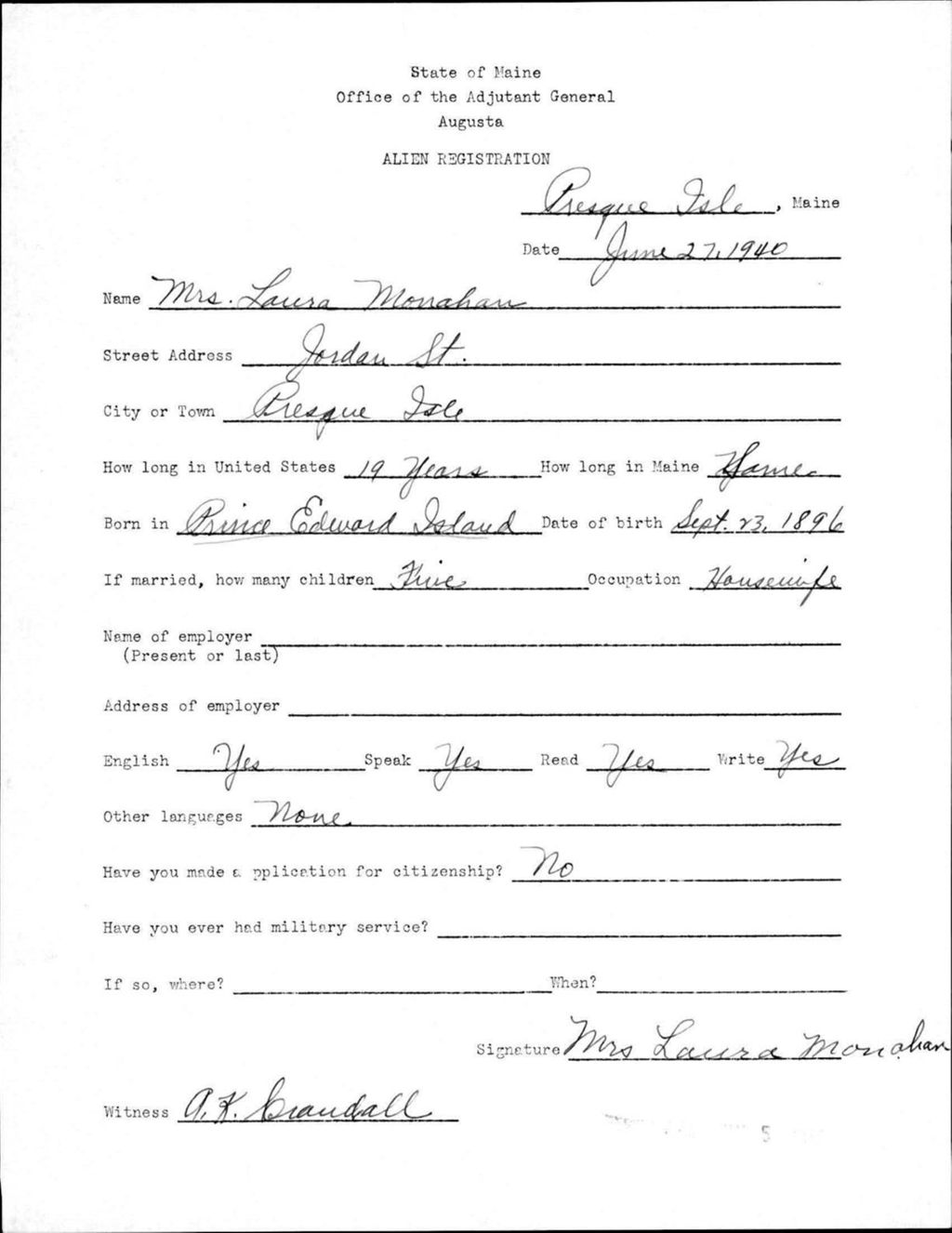 Miniature of Alien Registration- Monahan, Laura (Presque Isle, Aroostook County)