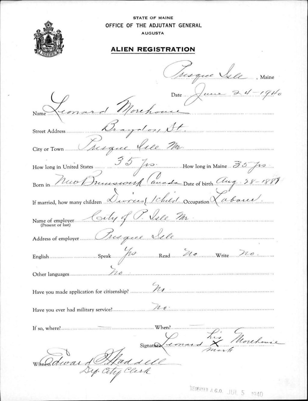 Miniature of Alien Registration- Morehouse, Leonard (Presque Isle, Aroostook County)