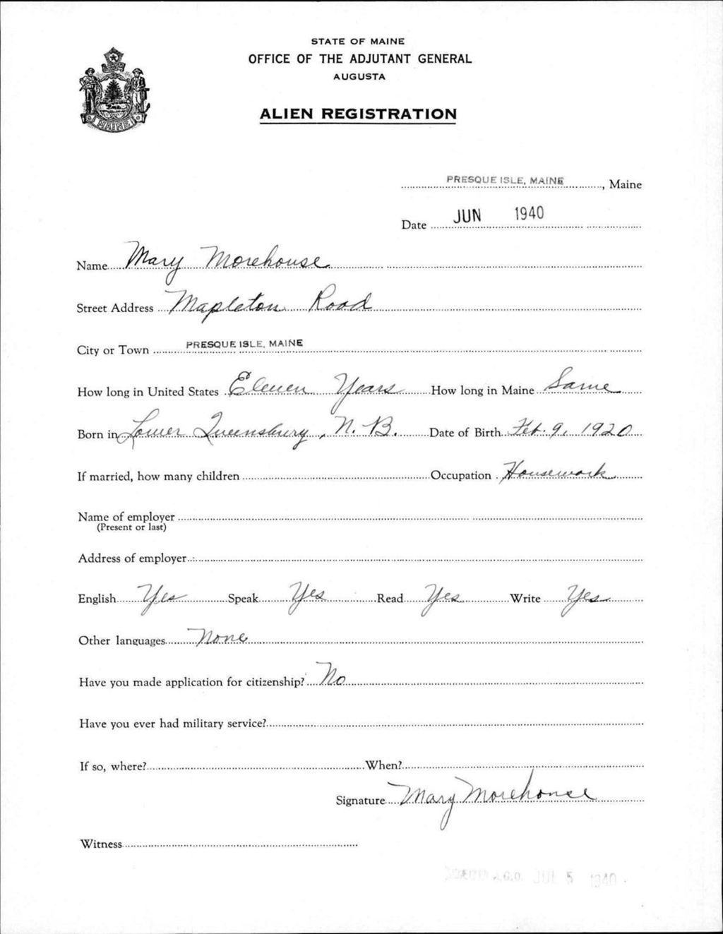 Miniature of Alien Registration- Morehouse, Mary (Presque Isle, Aroostook County)