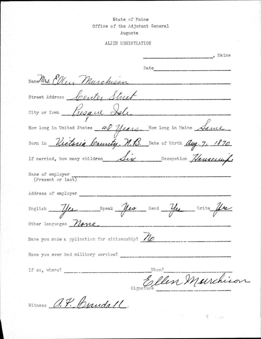 Miniature of Alien Registration- Murchison, Ellen (Presque Isle, Aroostook County)