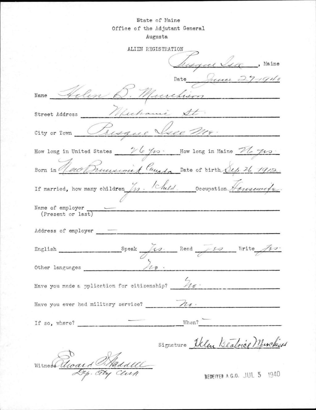 Miniature of Alien Registration- Murchison, Helen B. (Presque Isle, Aroostook County)