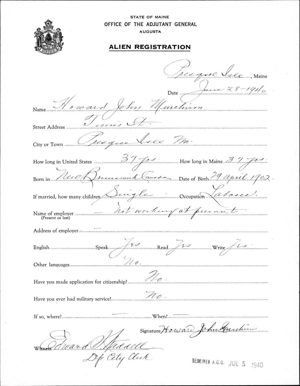 Miniature of Alien Registration- Murchison, Howard J. (Presque Isle, Aroostook County)