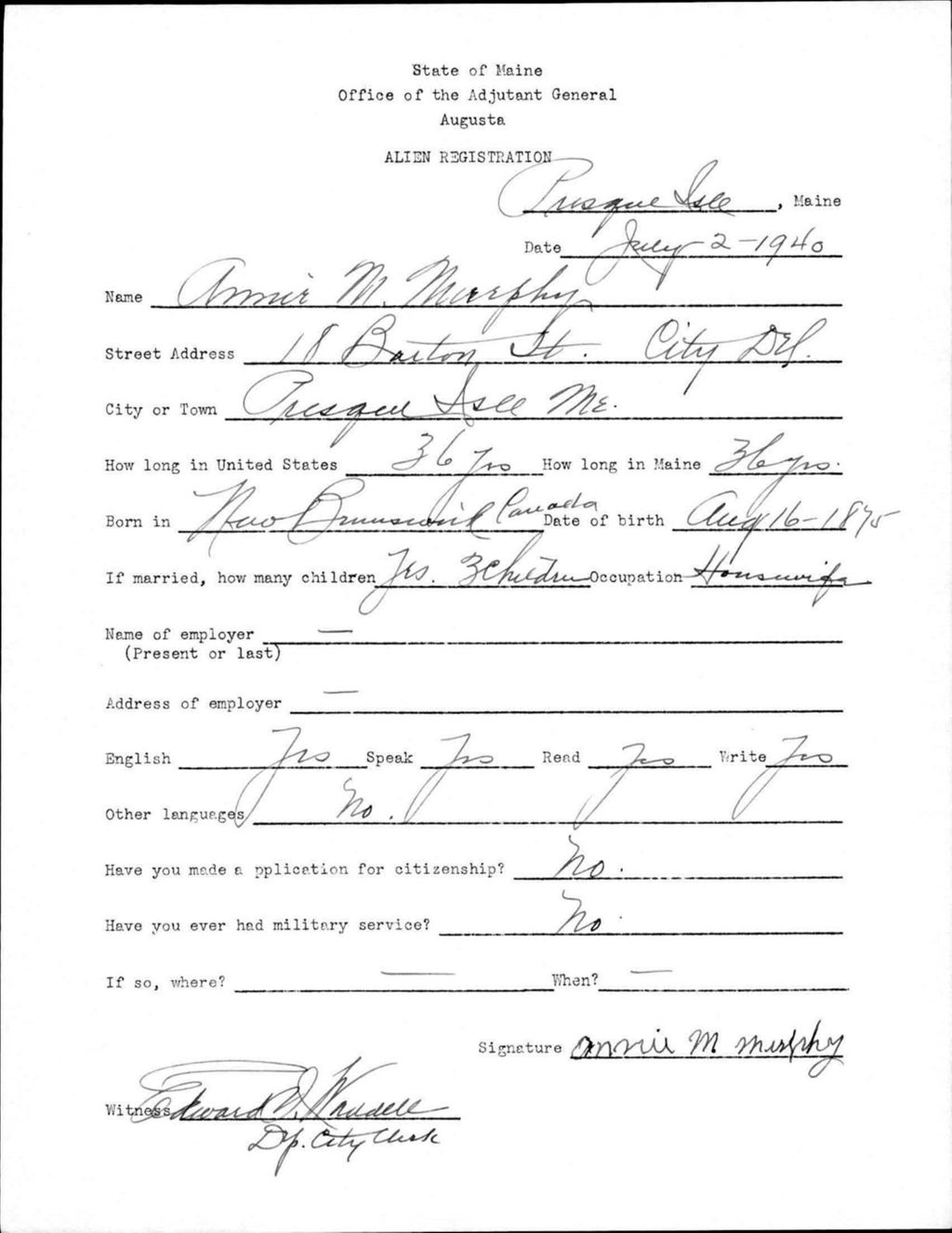 Miniature of Alien Registration- Murphy, Annie M. (Presque Isle, Aroostook County)