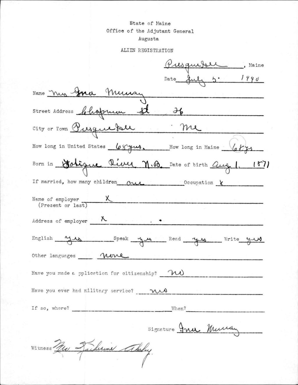 Miniature of Alien Registration- Murray, Ina (Presque Isle, Aroostook County)