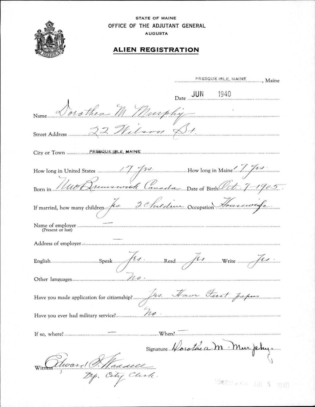 Miniature of Alien Registration- Murphy, Dorothea M. (Presque Isle, Aroostook County)