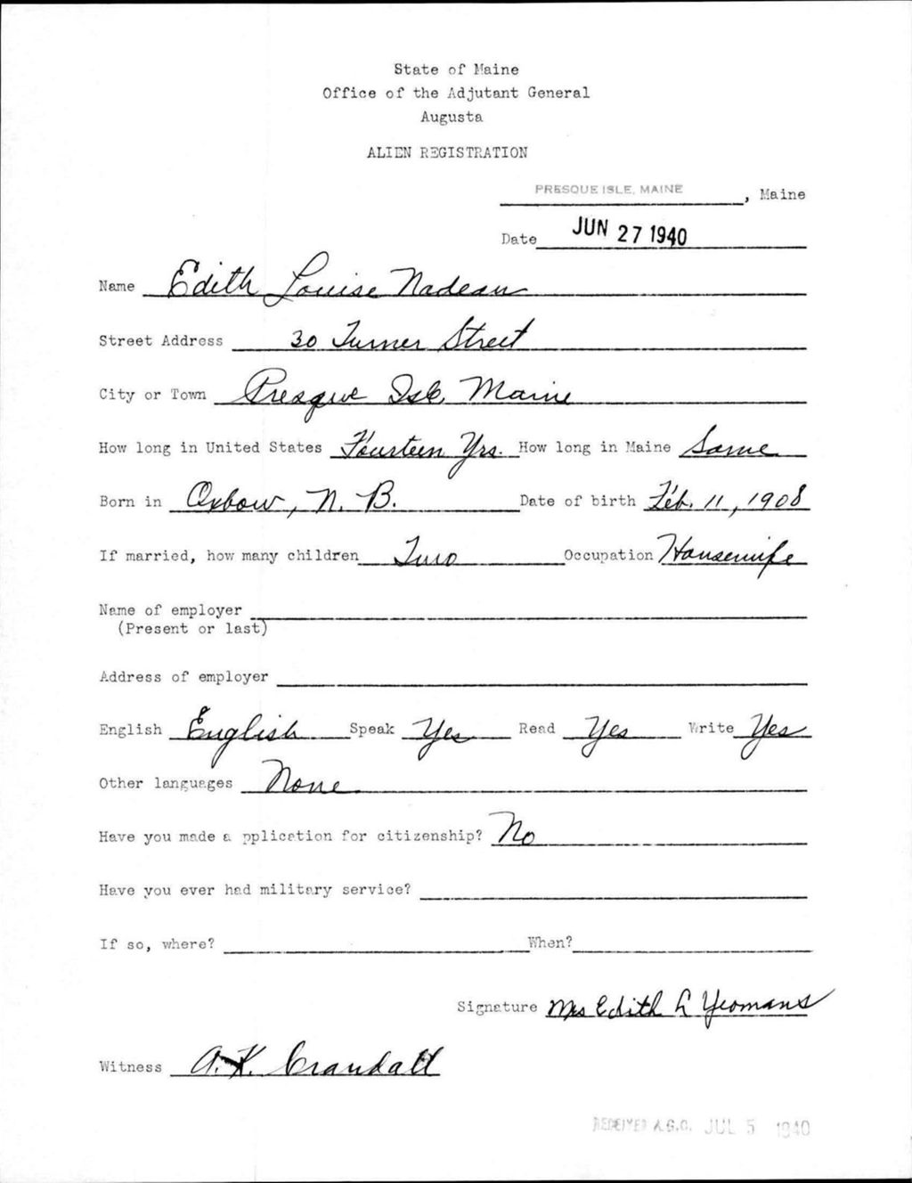 Miniature of Alien Registration- Nadeau, Edith L. (Presque Isle, Aroostook County)