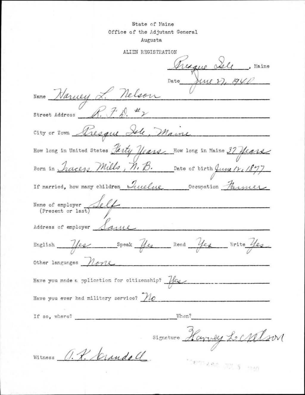 Miniature of Alien Registration- Nelson, Harvey L. (Presque Isle, Aroostook County)