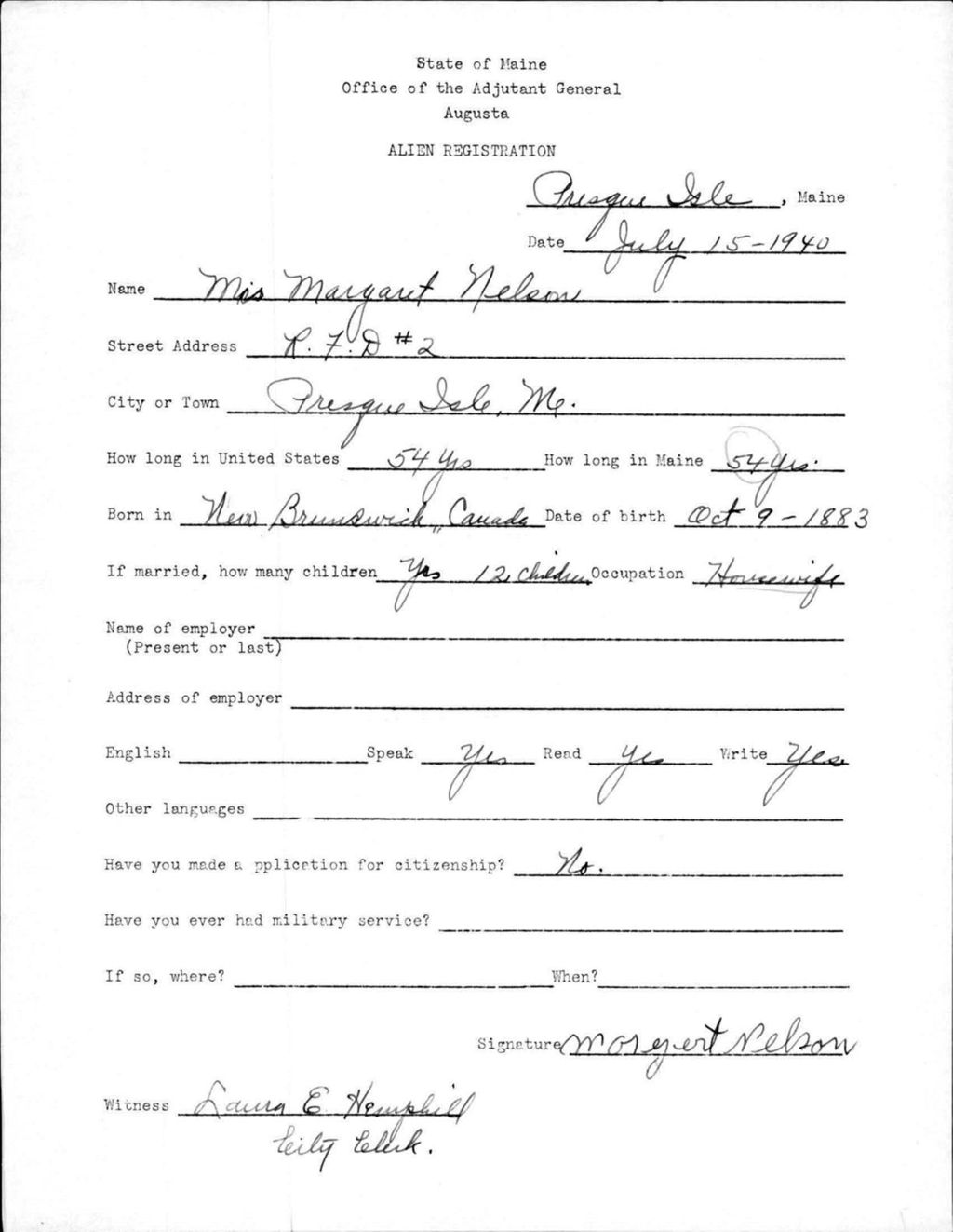 Miniature of Alien Registration- Nelson, Margaret (Presque Isle, Aroostook County)