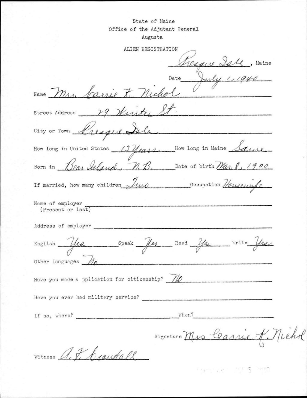 Miniature of Alien Registration- Nichol, Carrie K. (Presque Isle, Aroostook County)