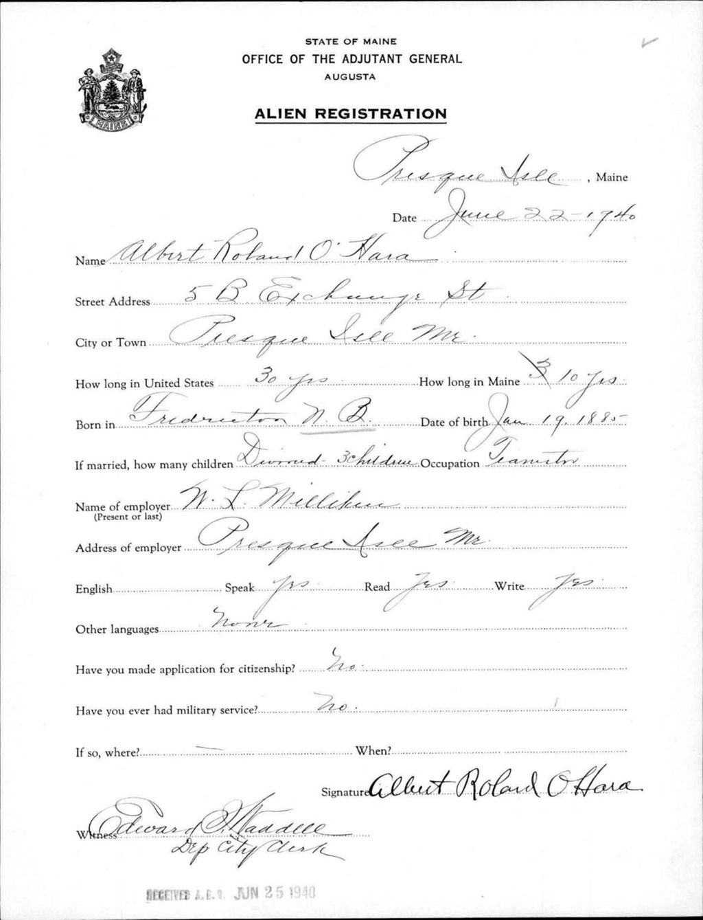 Miniature of Alien Registration- Ohara, Albert R. (Presque Isle, Aroostook County)