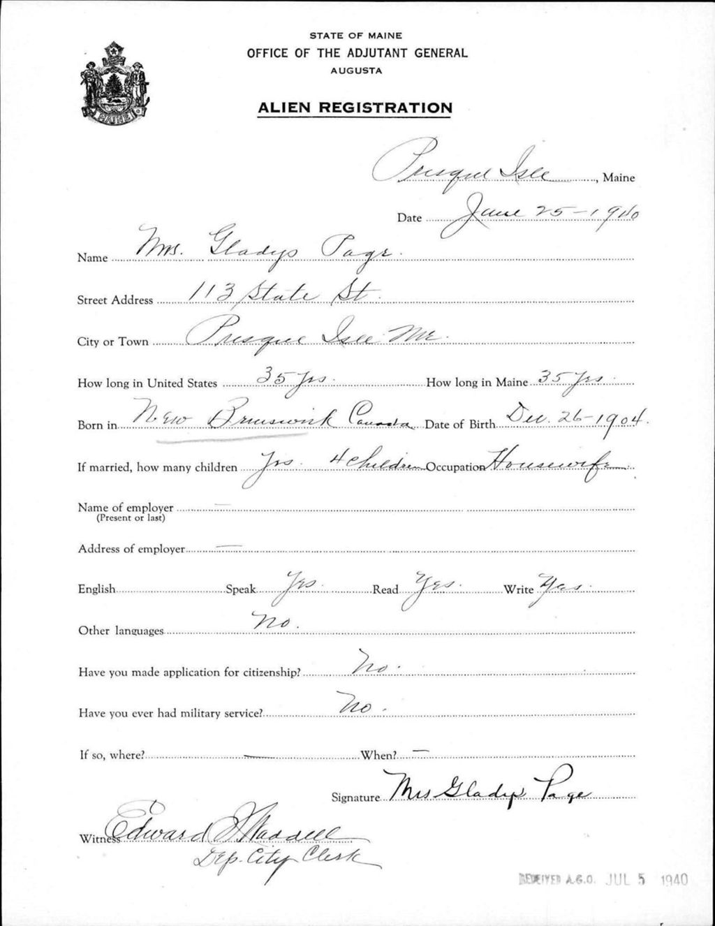 Miniature of Alien Registration- Page, Gladys (Presque Isle, Aroostook County)