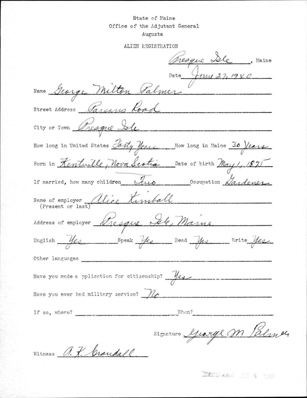 Miniature of Alien Registration- Palmer, George M. (Presque Isle, Aroostook County)