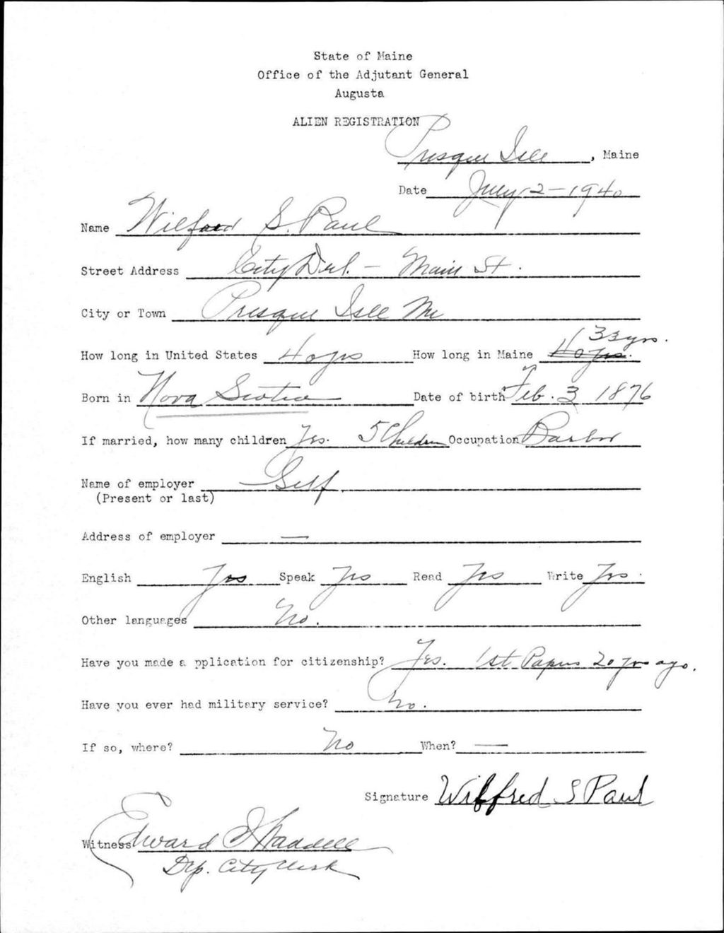 Miniature of Alien Registration- Paul, Wilford S. (Presque Isle, Aroostook County)
