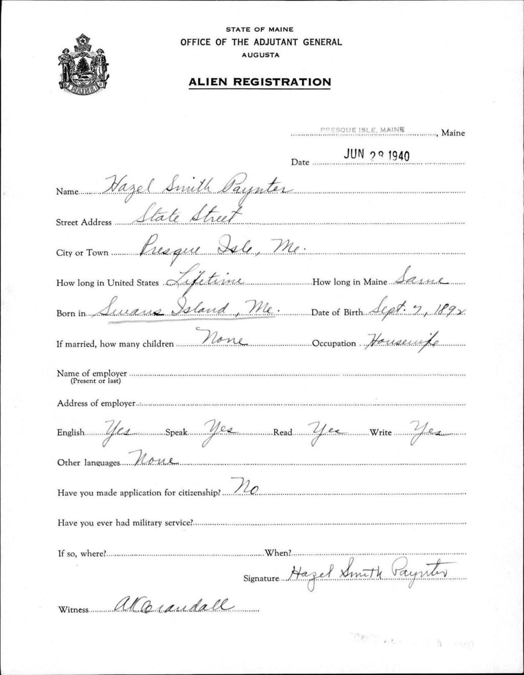 Miniature of Alien Registration- Smith, Hazel (Presque Isle, Aroostook County)