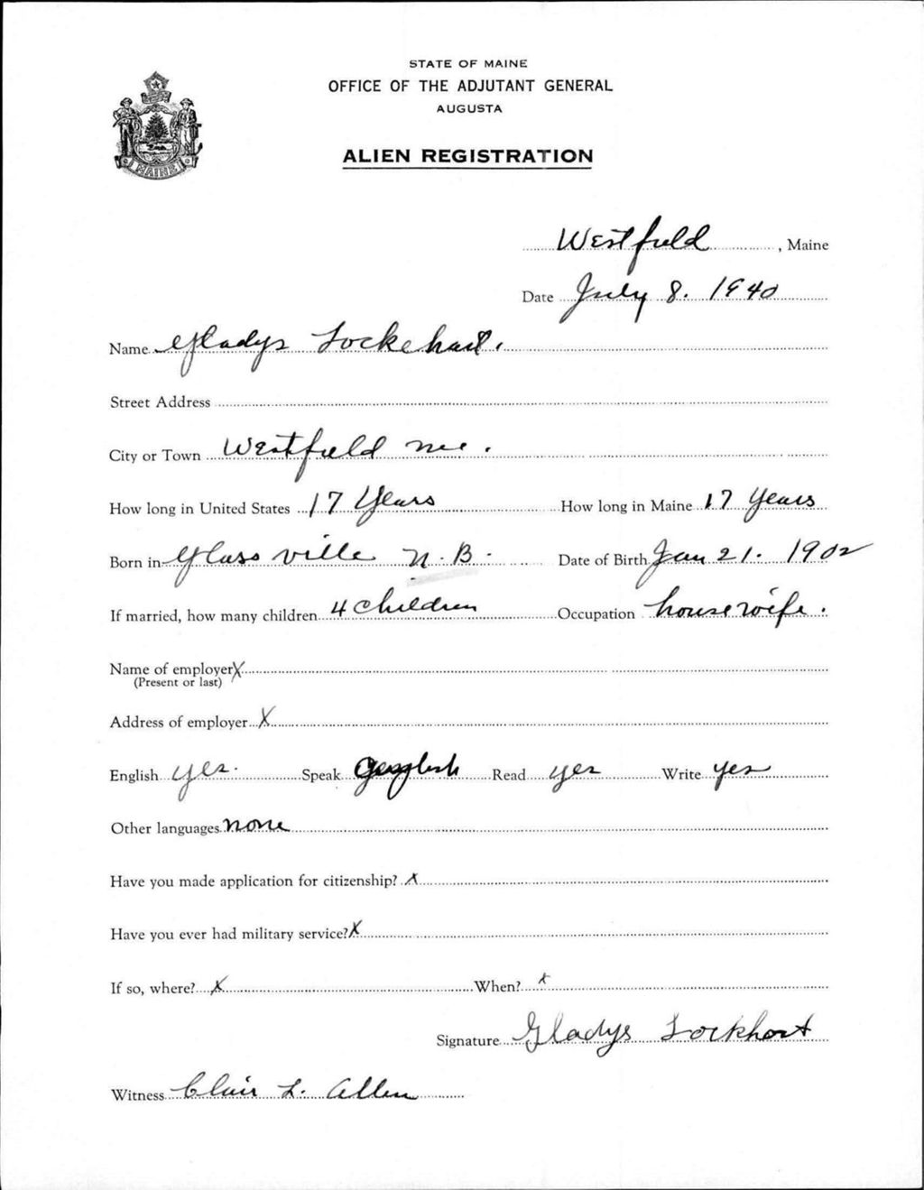 Miniature of Alien Registration- Lockehart, Gladys (Wade, Aroostook County)