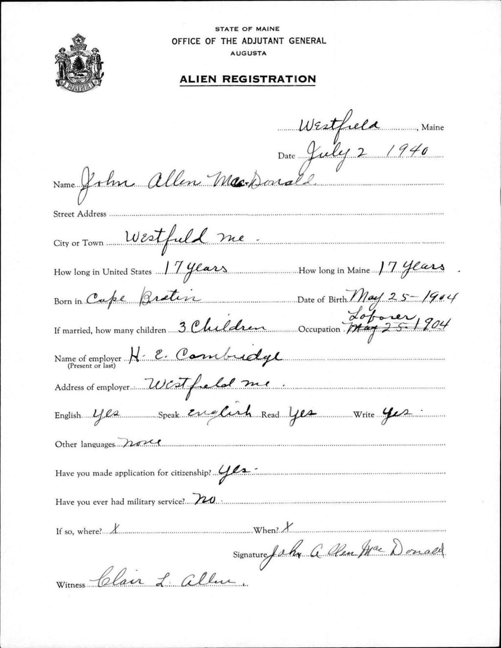 Miniature of Alien Registration- Macdonald, John A. (Wade, Aroostook County)